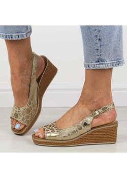 Złote sandały damskie na koturnie Sergio Leone sk301 ze sklepu suzana.pl w kategorii Sandały damskie - zdjęcie 173485479
