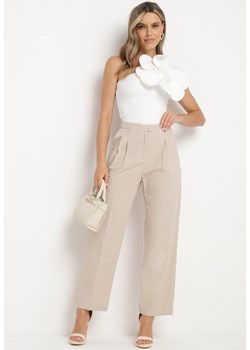 Beżowe Szerokie Spodnie Garniturowe z Bawełny Alefia ze sklepu Born2be Odzież w kategorii Spodnie damskie - zdjęcie 173503828