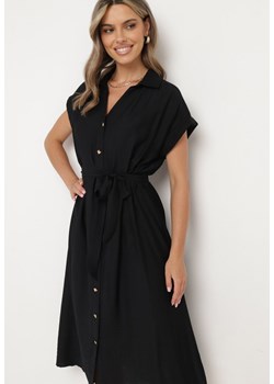 Czarna Koszulowa Sukienka na Guziki z Materiałowym Paskiem w Talii Qisofia ze sklepu Born2be Odzież w kategorii Sukienki - zdjęcie 173503875
