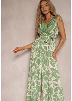 Zielony Kombinezon z Dodatkiem Wiskozy Paskiem w Talii i Kopertowym Dekoltem Paratia ze sklepu Renee odzież w kategorii Kombinezony damskie - zdjęcie 173506929