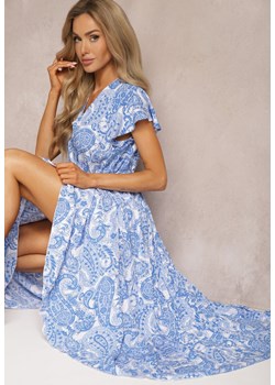 Niebieska Rozkloszowana Sukienka z Trójkątnym Dekoltem z Materiałowym Paskiem i Gumką w Talii Carimi ze sklepu Renee odzież w kategorii Sukienki - zdjęcie 173506939