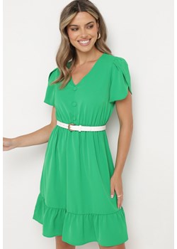 Zielona Rozkloszowana Sukienka z Gumką w Talii i Falbanką Welimia ze sklepu Born2be Odzież w kategorii Sukienki - zdjęcie 173508475