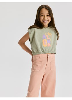 Reserved - Bawełniany t-shirt z nadrukiem - oliwkowy ze sklepu Reserved w kategorii Bluzki dziewczęce - zdjęcie 173511207
