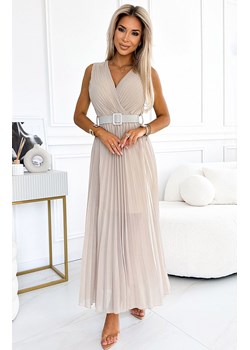 Plisowana beżowa sukienka z szerokim paskiem 546-1, Kolor beżowy, Rozmiar one size, NUMOCO BASIC ze sklepu Primodo w kategorii Sukienki - zdjęcie 173515235