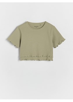 Reserved - T-shirt z falbankami - oliwkowy ze sklepu Reserved w kategorii Bluzki dziewczęce - zdjęcie 173519489