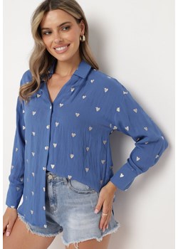 Niebieska Bawełniana Koszula z Lnem o Klasycznym Fasonie Tallriel ze sklepu Born2be Odzież w kategorii Koszule damskie - zdjęcie 173522919