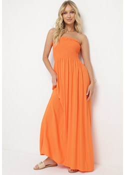 Pomarańczowa Wiskozowa Sukienka z Marszczonym Dekoltem Bandeau Vikiraias ze sklepu Born2be Odzież w kategorii Sukienki - zdjęcie 173523019