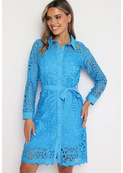 Niebieska   Ażurowa Sukienka Koszulowa Mini z Wiązanym Paskiem Jolira ze sklepu Born2be Odzież w kategorii Sukienki - zdjęcie 173523229