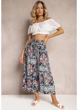 Granatowe Spodnie Kuloty z Bawełny High Waist z Gumką w Pasie Palovia ze sklepu Renee odzież w kategorii Spodnie damskie - zdjęcie 173524499