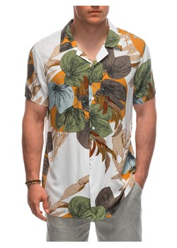 Wiskozowa wzorzysta męska koszula z krótkim rękawem OM-SHPS-0113 - biała/kremowa V6 ze sklepu Edoti w kategorii Koszule męskie - zdjęcie 173527858