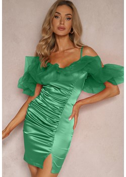 Zielona Satynowa Sukienka z Tiulowymi Falbankami i Marszczeniem na Ramiączkach Tinamell ze sklepu Renee odzież w kategorii Sukienki - zdjęcie 173528536