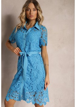 Granatowa Koronkowa Sukienka Koszulowa Midi z Paskiem Azariela ze sklepu Renee odzież w kategorii Sukienki - zdjęcie 173528616