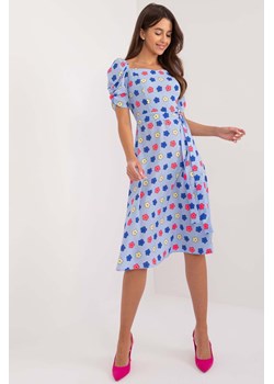 Trapezowa sukienka niebieska z bufiastymi rękawami ze sklepu 5.10.15 w kategorii Sukienki - zdjęcie 173536949