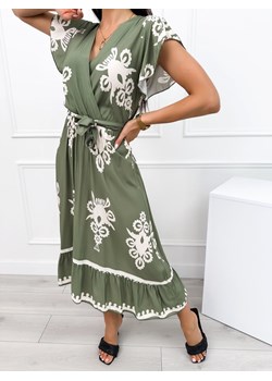 Zielona Sukienka Midi w Beżowy Wzór ze sklepu ModnaKiecka.pl w kategorii Sukienki - zdjęcie 173548478