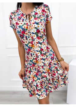 Kremowa Sukienka w Kolorowe Kwiatki ze sklepu ModnaKiecka.pl w kategorii Sukienki - zdjęcie 173548479