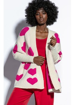 Kolorowy luźny kardigan damski sweter w serca F1815, Kolor ecru-różowy, Rozmiar M/L, Fobya ze sklepu Primodo w kategorii Swetry damskie - zdjęcie 173551375