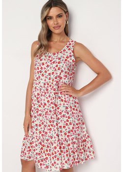 Biało-Różowa Bawełniana Sukienka na Ramiączkach o Rozkloszowanym Kroju w Drobne Kwiaty Doratia ze sklepu Born2be Odzież w kategorii Sukienki - zdjęcie 173566875