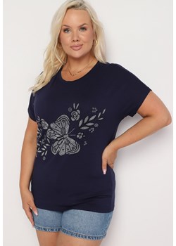 Granatowy Klasyczny Bawełniany T-shirt z Nadrukiem Wiloa ze sklepu Born2be Odzież w kategorii Bluzki damskie - zdjęcie 173586175
