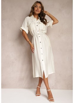 Biała Sukienka z Wiskozy o Kroju Koszulowym Ozdobiona Paskiem Nelsines ze sklepu Renee odzież w kategorii Sukienki - zdjęcie 173589219