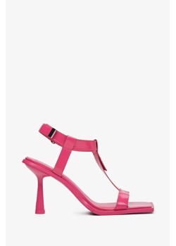 Estro: Różowe sandały damskie na szpilce ze skóry naturalnej ze sklepu Estro w kategorii Sandały damskie - zdjęcie 173593679