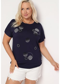 Granatowy T-shirt z Bawełny Wykończony Cyrkoniami Krissianne ze sklepu Born2be Odzież w kategorii Bluzki damskie - zdjęcie 173598468