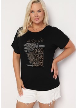 Czarny Bawełniany T-shirt z Ozdobnym Napisem i Cyrkoniami Krisiona ze sklepu Born2be Odzież w kategorii Bluzki damskie - zdjęcie 173598489