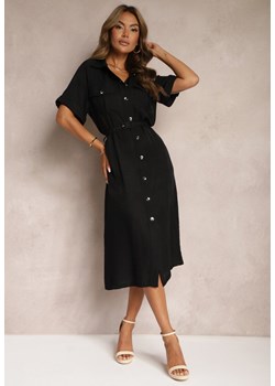 Czarna Sukienka z Wiskozy o Kroju Koszulowym Ozdobiona Paskiem Nelsines ze sklepu Renee odzież w kategorii Sukienki - zdjęcie 173600018