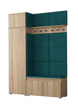 Garderoba z welurowym panelem ściennym dąb sonoma + butelkowa zieleń - Prufis 3X ze sklepu Edinos.pl w kategorii Zestawy mebli do przedpokoju - zdjęcie 173601778