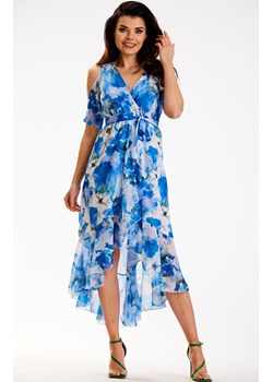 Sukienka kopertowa z szyfonu niebiesko-biała A508, Kolor niebiesko-biały, Rozmiar L, Awama ze sklepu Primodo w kategorii Sukienki - zdjęcie 173613769