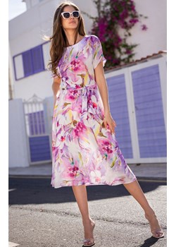 Sukienka midi z szyfonu w kwiaty A510, Kolor fioletowo-różowy, Rozmiar L, Awama ze sklepu Primodo w kategorii Sukienki - zdjęcie 173613788