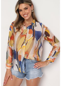 Beżowo-Granatowa Koszula w Abstrakcyjny Print o Klasycznym Kroju Trieva ze sklepu Born2be Odzież w kategorii Koszule damskie - zdjęcie 173615696