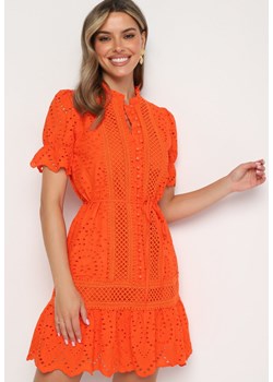 Pomarańczowa Bawełniana Ażurowa Sukienka w Stylu Boho z Falbanką i Paskiem Nelisse ze sklepu Born2be Odzież w kategorii Sukienki - zdjęcie 173615859