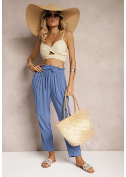Niebieskie Spodnie z Bawełny Typu Paper Bag High Waist z Gumką w Talii Kitanea ze sklepu Renee odzież w kategorii Spodnie damskie - zdjęcie 173620085