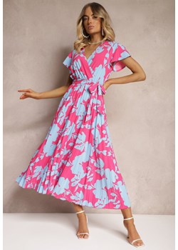 Różowo-Niebieska Kopertowa Plisowana Sukienka Koktajlowa z Gumką i Paskiem w Talii Benelsea ze sklepu Renee odzież w kategorii Sukienki - zdjęcie 173620145