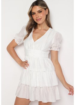 Biała Sukienka o Rozkloszowanym Kroju z Bufiastymi Rękawami i Falbankami Elfea ze sklepu Born2be Odzież w kategorii Sukienki - zdjęcie 173624408