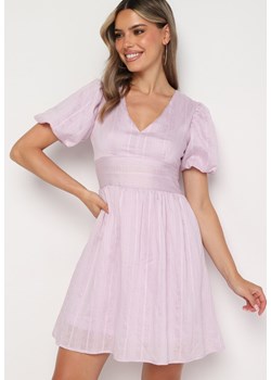 Różowa Rozkloszowana Sukienka z Bawełną z Bufiastymi Rękawami Zapinana na Suwak Galfea ze sklepu Born2be Odzież w kategorii Sukienki - zdjęcie 173624415