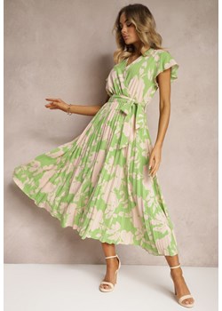 Zielono-Beżowa Kopertowa Plisowana Sukienka Koktajlowa z Gumką i Paskiem w Talii Benelsea ze sklepu Renee odzież w kategorii Sukienki - zdjęcie 173624577