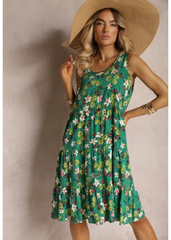 Zielona Sukienka na Ramiączkach z Bawełny o Kwiatowym Wzorze Haratia ze sklepu Renee odzież w kategorii Sukienki - zdjęcie 173624607