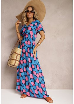 Niebieska Bawełniana Sukienka w Geometryczny Wzór z Kopertowym Dekoltem z Gumką w Pasie Fanelsea ze sklepu Renee odzież w kategorii Sukienki - zdjęcie 173624617
