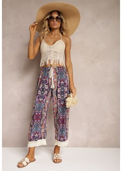 Fioletowe Szerokie Spodnie z Wiskozą High Waist z Gumką w Talii Ozdobione Frędzlami Nellthia ze sklepu Renee odzież w kategorii Spodnie damskie - zdjęcie 173625906