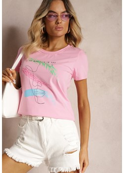 Różowy T-shirt z Bawełny z Krótkim Rękawem i Ozdobnym Printem Saronea ze sklepu Renee odzież w kategorii Bluzki damskie - zdjęcie 173625916