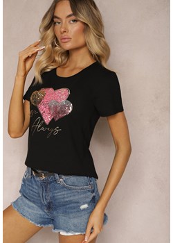 Czarny T-shirt z Bawełny Ozdobiony Nadrukiem w Kształcie Serc Hennea ze sklepu Renee odzież w kategorii Bluzki damskie - zdjęcie 173625926