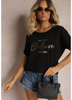 Czarny Casualowy T-shirt z Bawełny Ozdobiony Napisem Groea ze sklepu Renee odzież w kategorii Bluzki damskie - zdjęcie 173625936