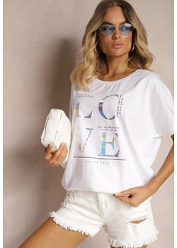 Biały Bawełniany T-shirt Ozdobiony Nadrukiem o Metalicznym Połysku Nolinea ze sklepu Renee odzież w kategorii Bluzki damskie - zdjęcie 173625956
