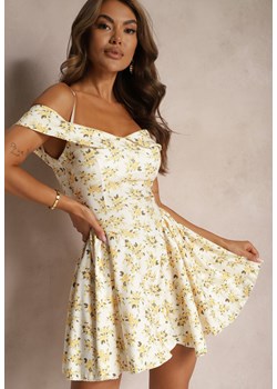 Żółta Sukienka z Regulowanymi Ramiączkami i Dekoltem Typu Hiszpanka w Kwiatowy Wzór Risalemti ze sklepu Renee odzież w kategorii Sukienki - zdjęcie 173638216