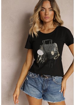 Czarny T-shirt z Bawełny z Krótkim Rękawem Ozdobiony Nadrukiem z Cyrkoniami Laronea ze sklepu Renee odzież w kategorii Bluzki damskie - zdjęcie 173638306