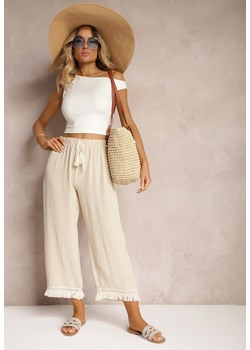 Beżowe Szerokie Spodnie High Waist z Gumką w Pasie Jolfea ze sklepu Renee odzież w kategorii Spodnie damskie - zdjęcie 173638336