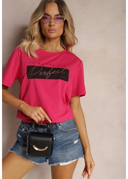 Różowy T-shirt z Bawełny Ozdobiony Cyrkoniowym Napisem Olfea ze sklepu Renee odzież w kategorii Bluzki damskie - zdjęcie 173638356