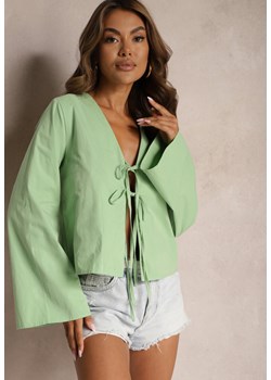 Zielona Bluzka z Bawełny Narzutka z Wiązaniami i Rękawami Typu Nietoperz Delorea ze sklepu Renee odzież w kategorii Bluzki damskie - zdjęcie 173641045