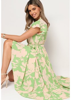 Zielono-Beżowa Plisowana Koktajlowa Sukienka z Kopertowym Dekoltem Paskiem i Gumką w Talii Anelsea ze sklepu Born2be Odzież w kategorii Sukienki - zdjęcie 173641195